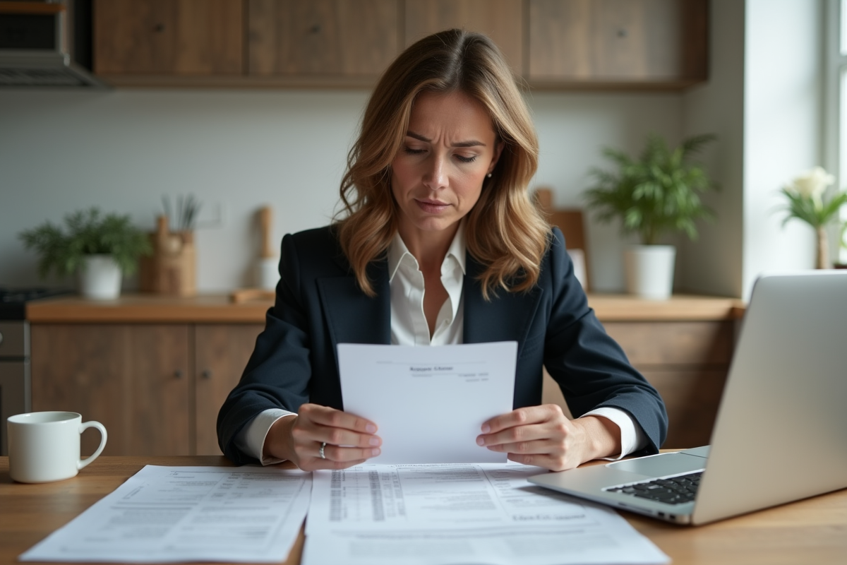 Femme en costume regardant une lettre de rejet de prêt immobilier