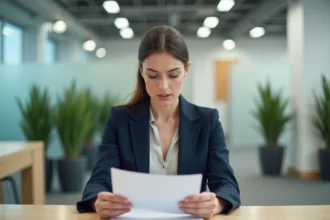 Femme professionnelle relisant une lettre formelle à son bureau dans un open-space moderne