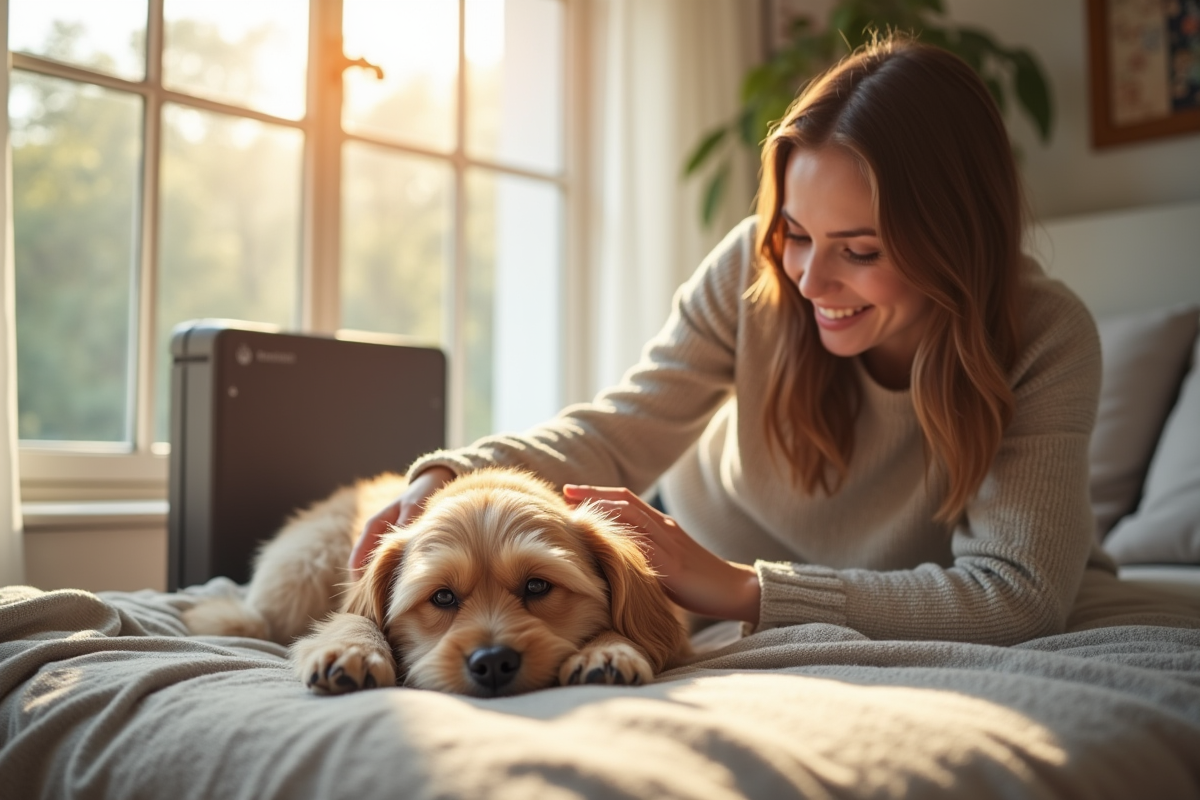 Jeune femme relaxant dans un salon lumineux avec chien