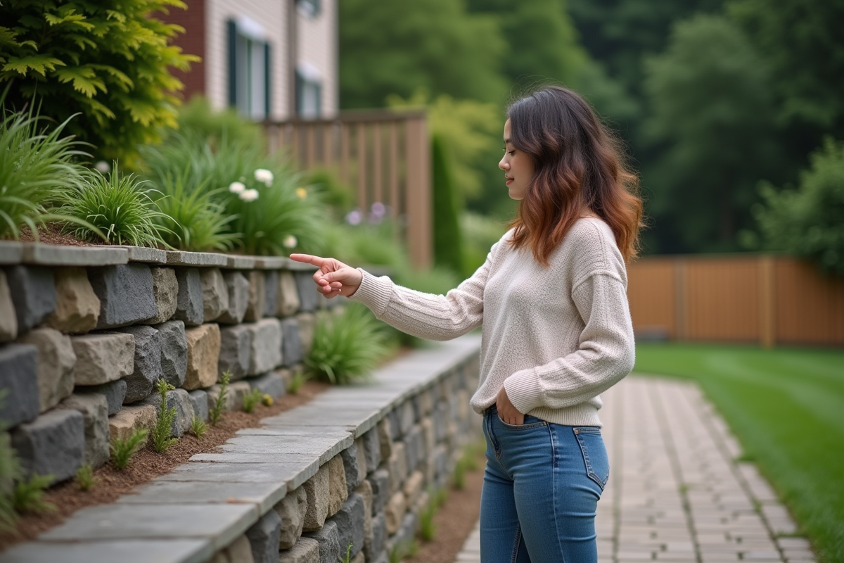 Jeune femme pointant une paroi en pierre dans un jardin