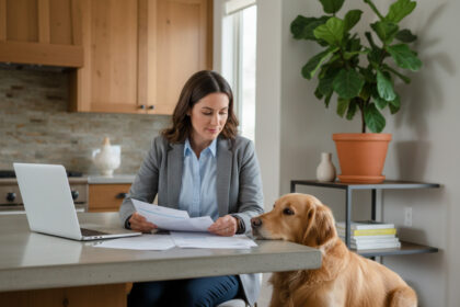 Femme jeune femme et chien golden retriever en cuisine