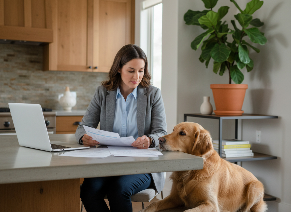 Femme jeune femme et chien golden retriever en cuisine