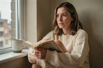 Femme seule assise près d'une fenêtre sous la pluie, tenant un livre, dans une atmosphère mélancolique et réconfortante