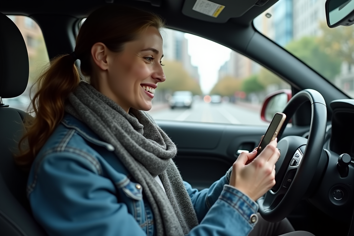 Femme utilisant son smartphone dans une voiture en ville