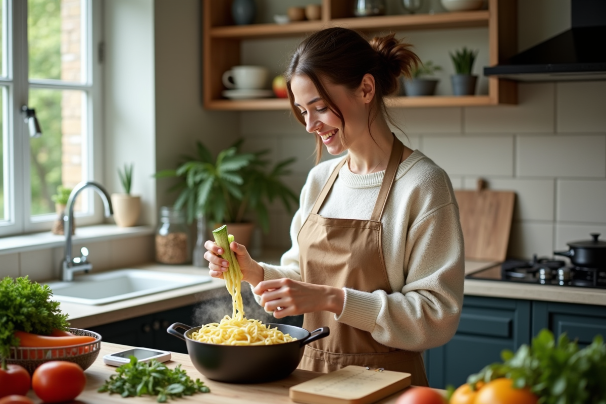 Jeune femme spiralise des courgettes pour des pates saines