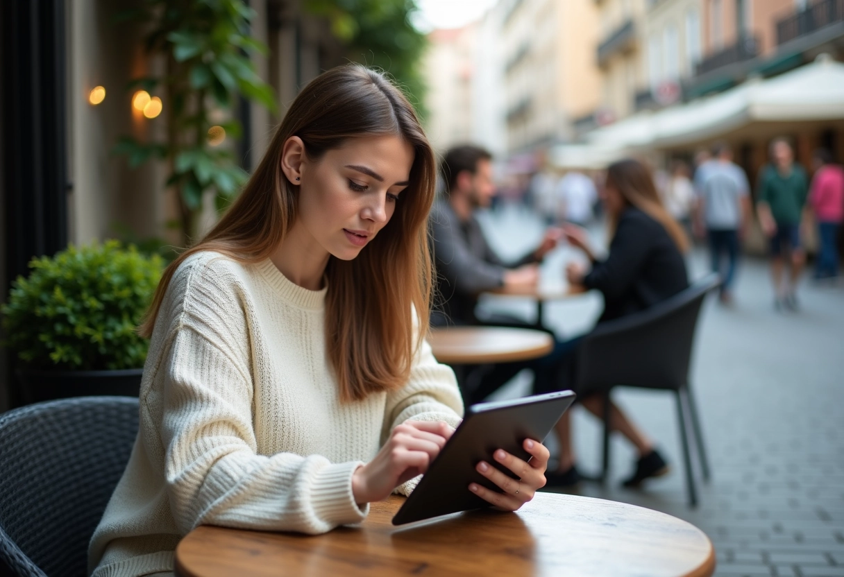 Femme planifiant une attaque Clash avec une tablette en café