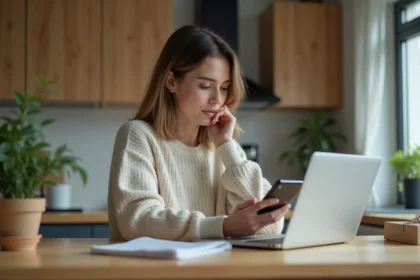 Femme vérifiant son colis à la maison avec ordinateur