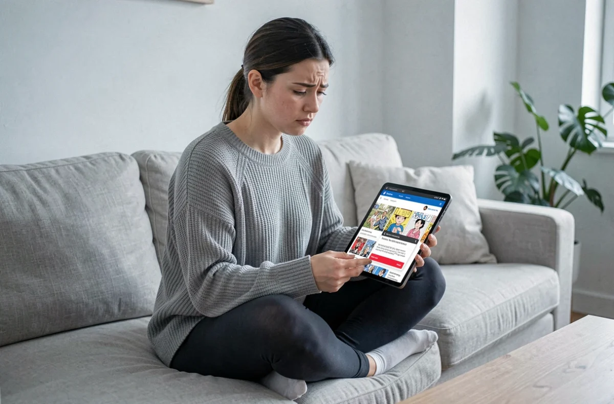 Femme remarquant des publicités suspectes sur un site de lecture de scan One Piece depuis sa tablette