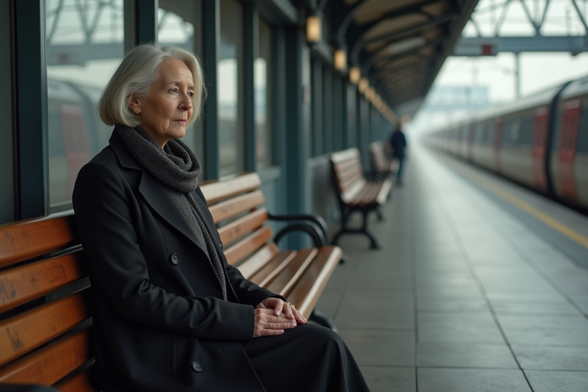 Femme âgée assise dans une station de train calme