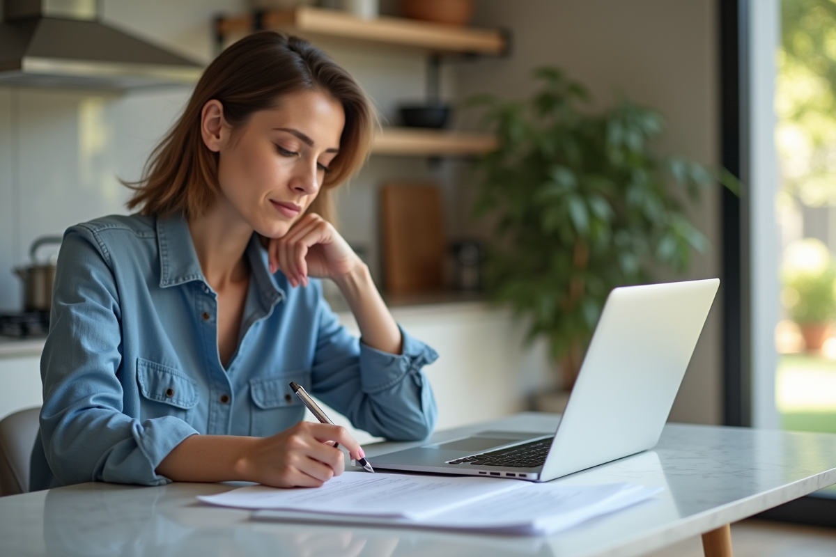 Femme en intérieur examinant des documents à la maison