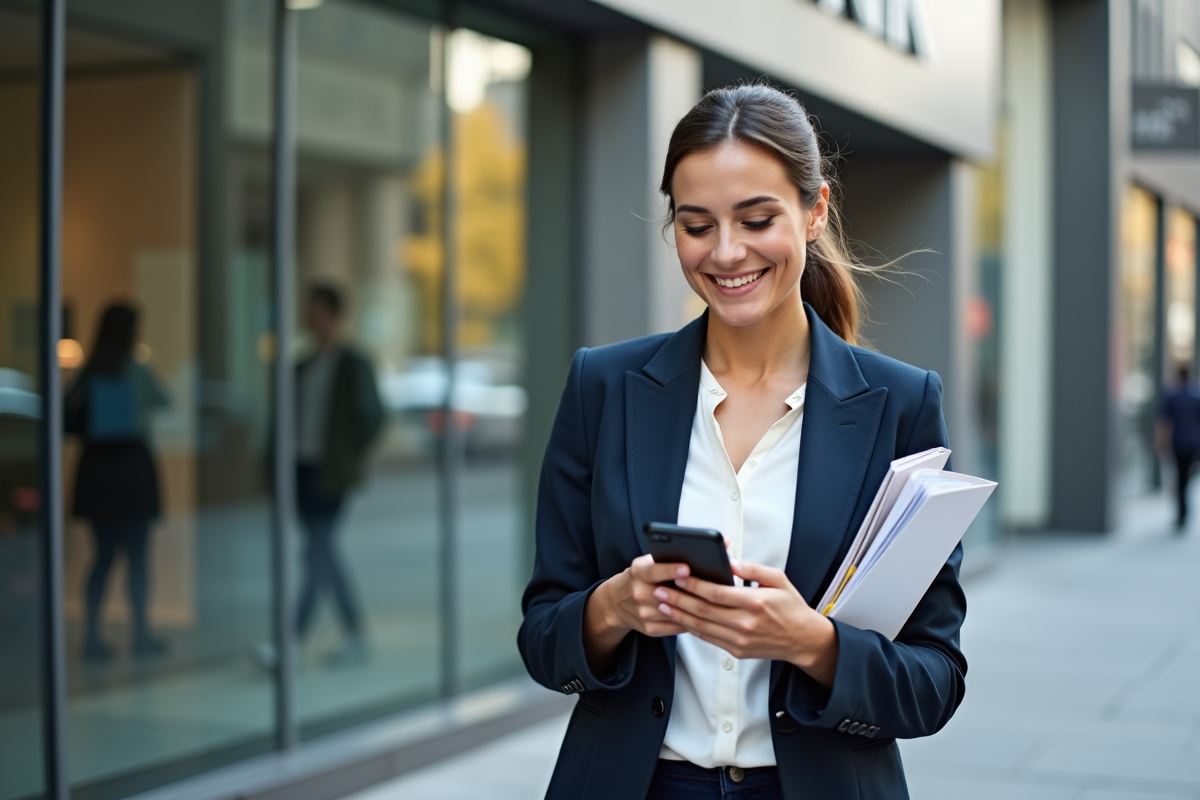 Femme souriante utilisant son smartphone devant une banque moderne