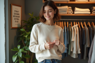 Jeune femme examine l'étiquette d'un vêtement bio