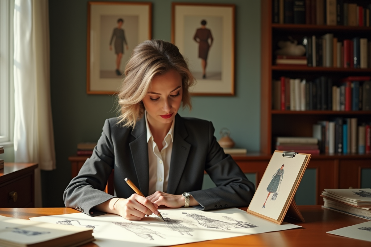 Femme examinant des croquis de mode vintage dans un bureau lumineux