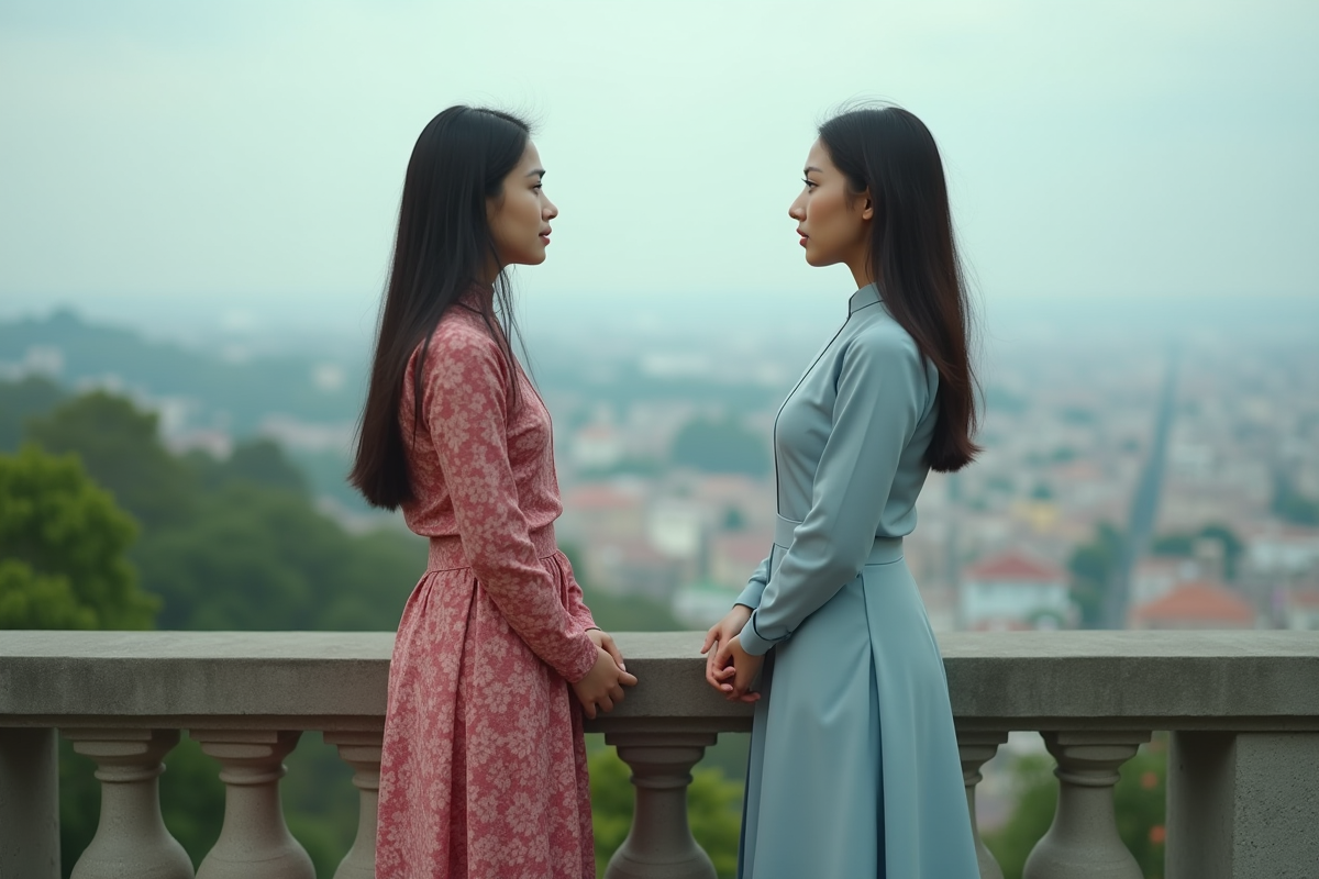 Deux jeunes femmes face à face avec vue urbaine en arrière-plan