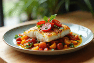 Assiette de filet de cod garni de chorizo épicé avec légumes rôtis