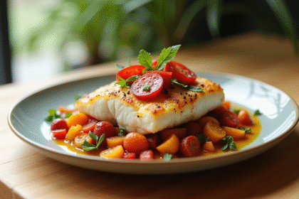 Assiette de filet de cod garni de chorizo épicé avec légumes rôtis