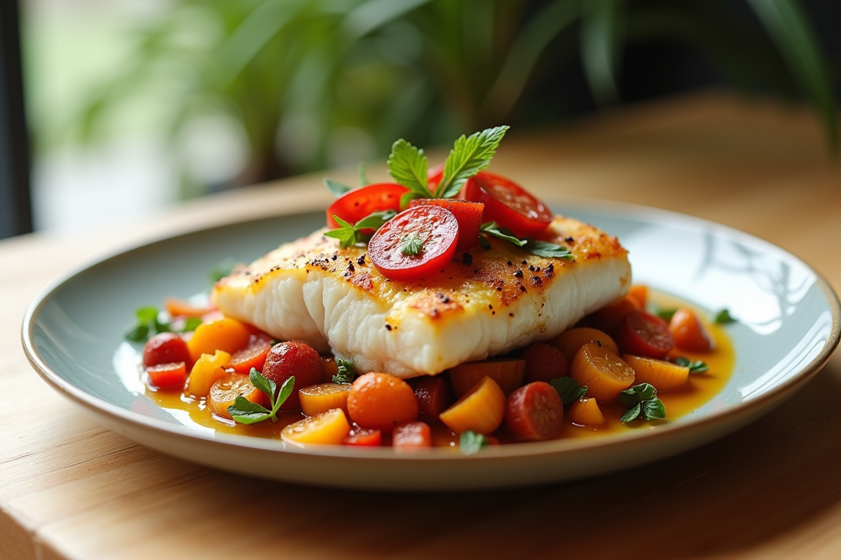 Assiette de filet de cod garni de chorizo épicé avec légumes rôtis