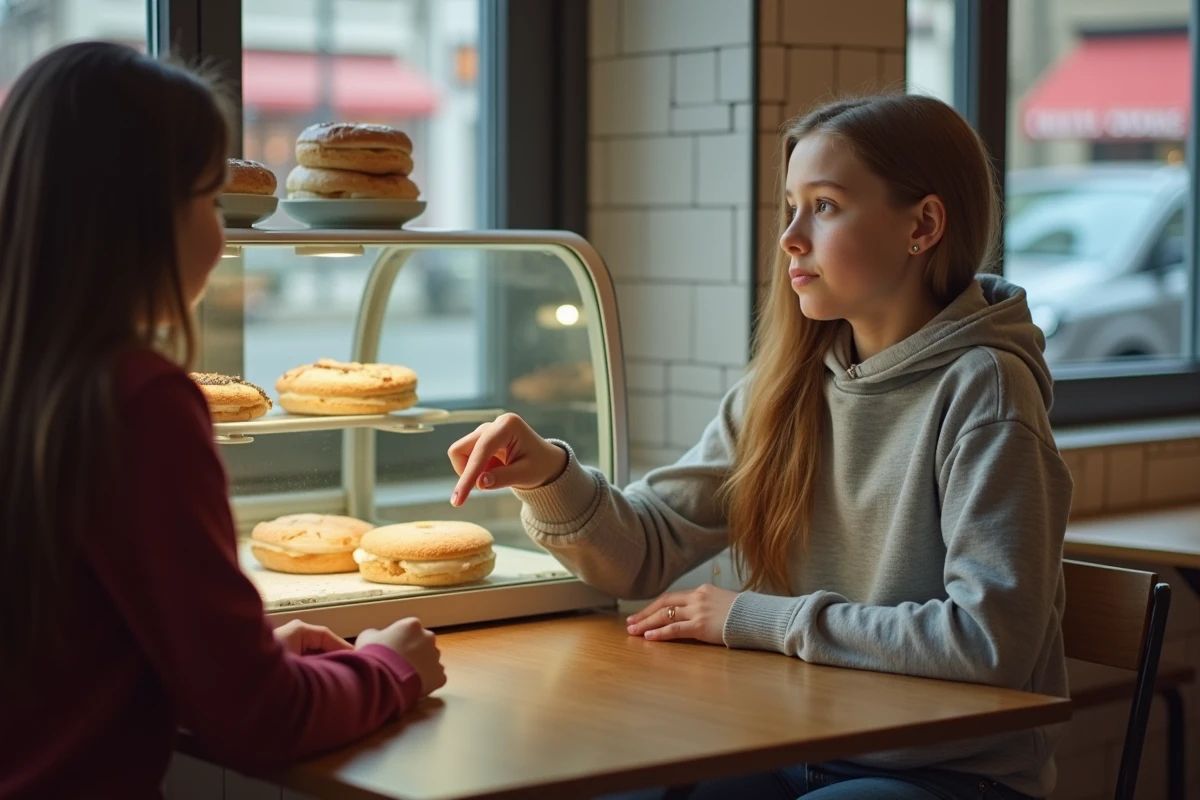 Fille adolescente pointant un gâteau dans une vitrine de café