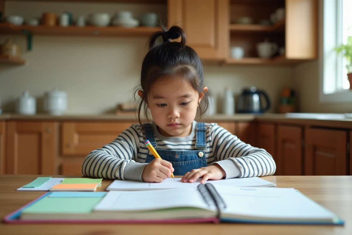 Jeune fille ESTJ organisant son planning scolaire à la maison avec méthode