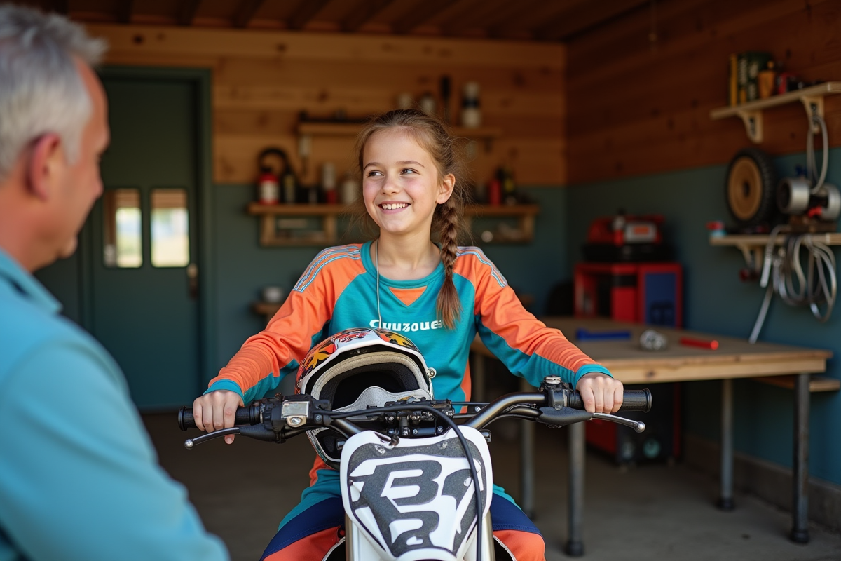Fille de 17 ans sur un pit bike sous un abri en garage rural