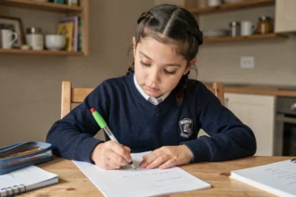 Fillette faisant ses devoirs avec un stylo 4 couleurs effaçable à la table de la cuisine