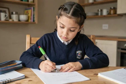 Fillette faisant ses devoirs avec un stylo 4 couleurs effaçable à la table de la cuisine