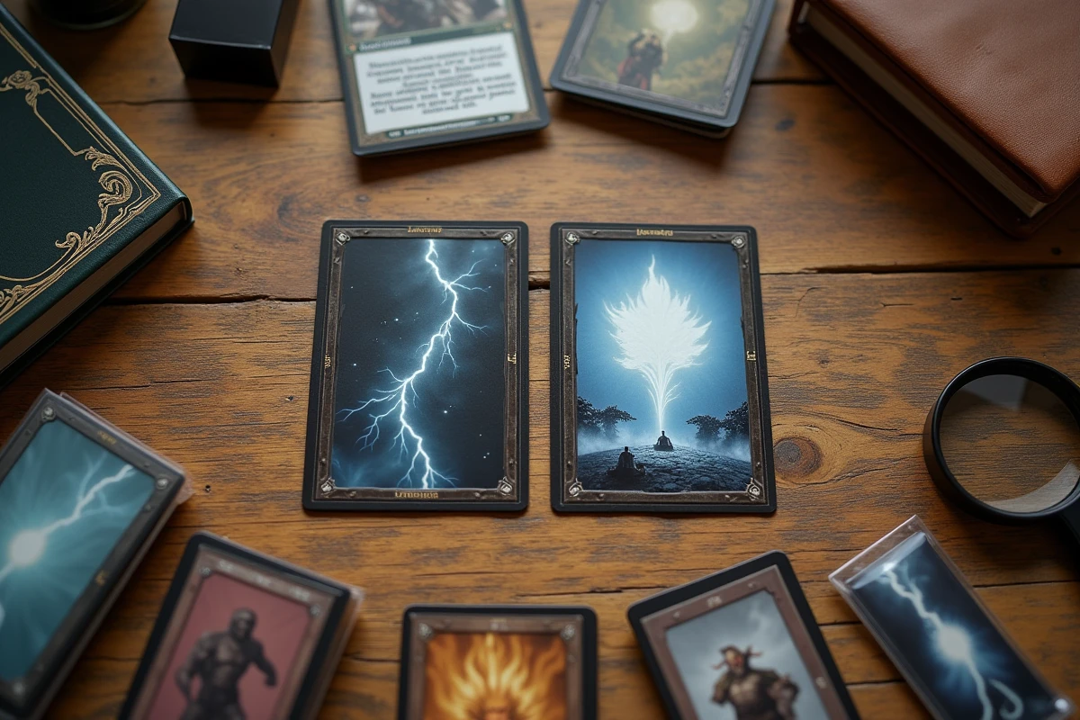 Flat lay de cartes rares Foudre Noire et Flamme Blanche avec guide de prix et accessoires de collection sur table en bois