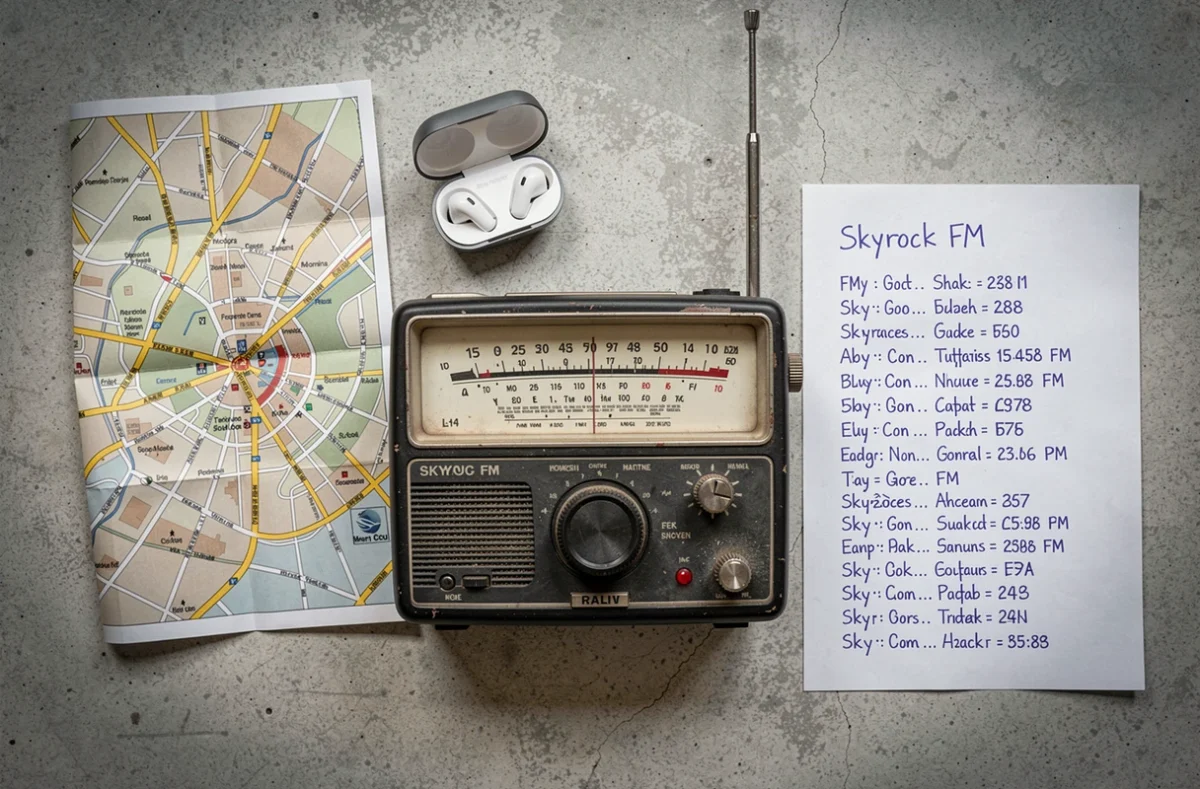 Vue aérienne d'une radio FM vintage, d'écouteurs et d'une liste manuscrite des fréquences Skyrock en France