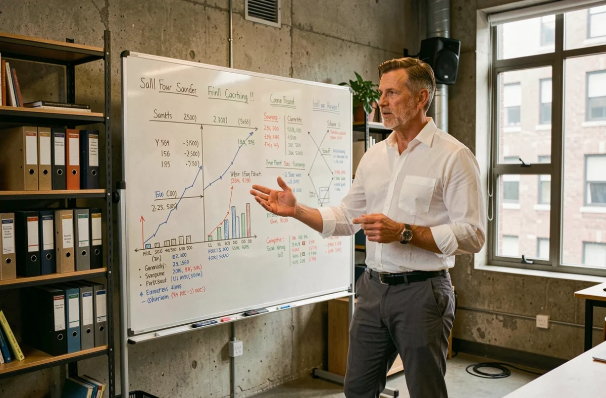 Un formateur présente des données salariales et des parcours de carrière sur un tableau blanc dans un espace de co-working, symbolisant les métiers et salaires du Flash back FA