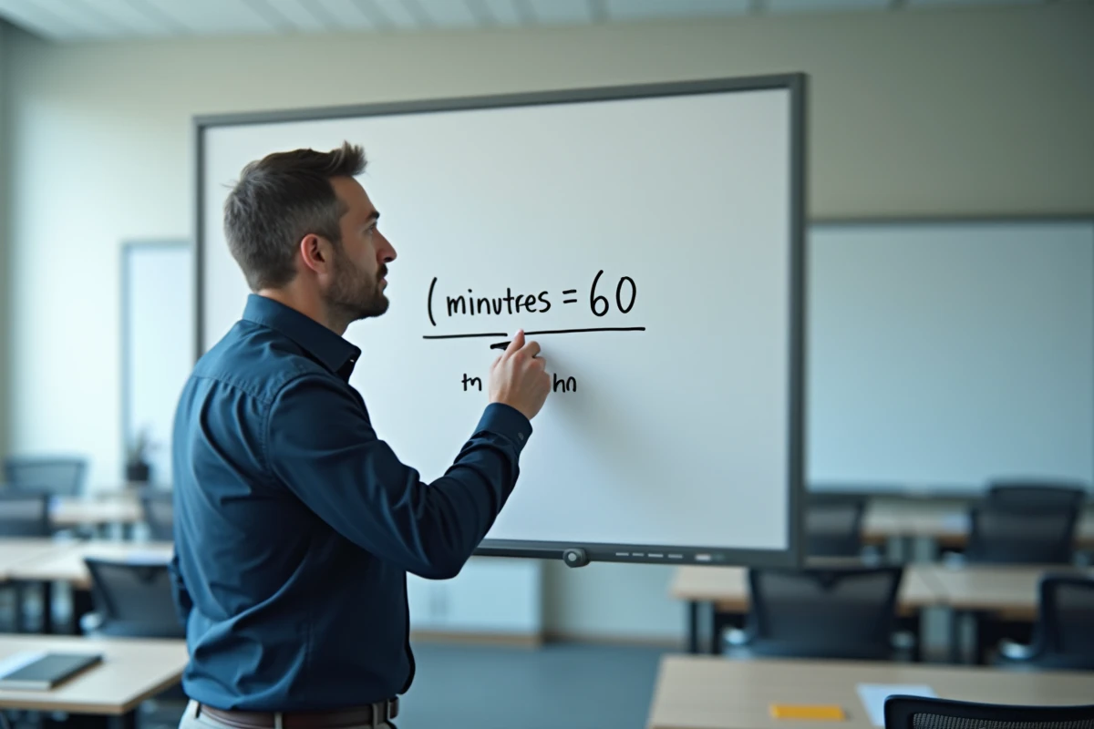 Homme écrivant une formule de conversion minutes en heures sur un tableau blanc dans une salle de formation