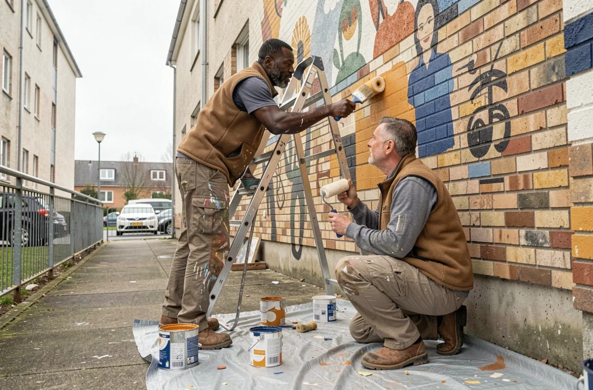 Deux habitants peignant une fresque murale sur un bâtiment HLM dans le cadre d'un projet de réappropriation du quartier
