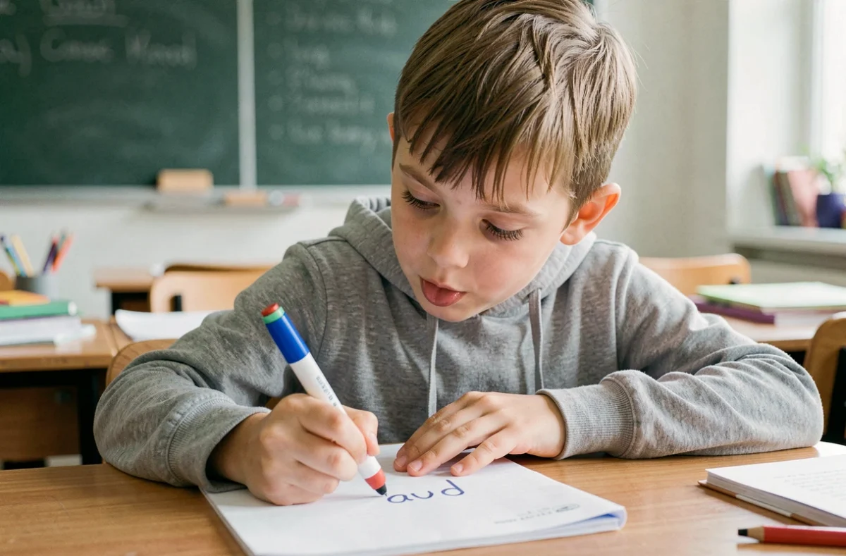 Garçon effaçant un mot dans son cahier avec un stylo 4 couleurs effaçable en classe