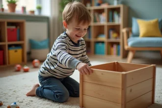 Garçon curieux près d'une grande boîte à jouets en bois