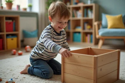 Garçon curieux près d'une grande boîte à jouets en bois