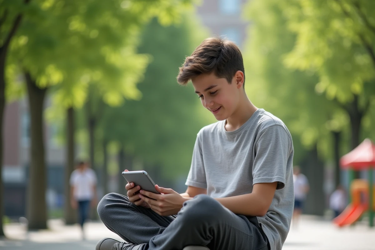 Garçon lisant des mangas sur une tablette en plein air