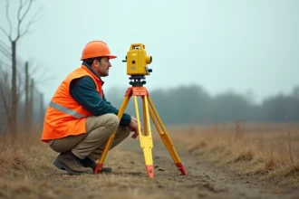 Géomètre expert réalisant un bornage sur un terrain à bâtir avec un appareil de mesure topographique