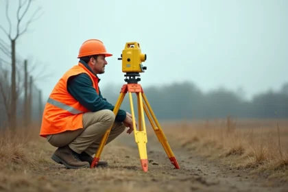 Géomètre expert réalisant un bornage sur un terrain à bâtir avec un appareil de mesure topographique