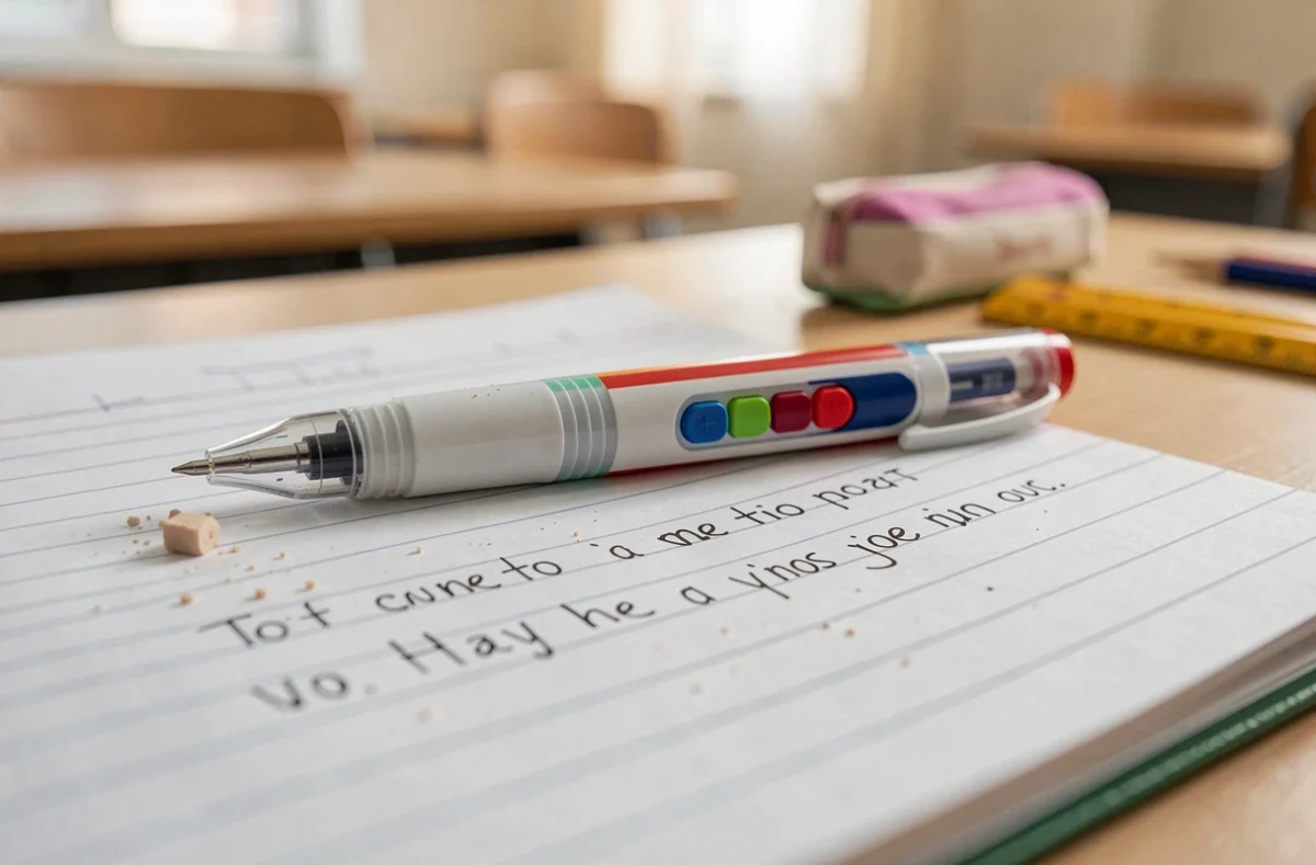 Gros plan sur un stylo 4 couleurs effaçable posé sur un cahier scolaire avec des traces d'effacement