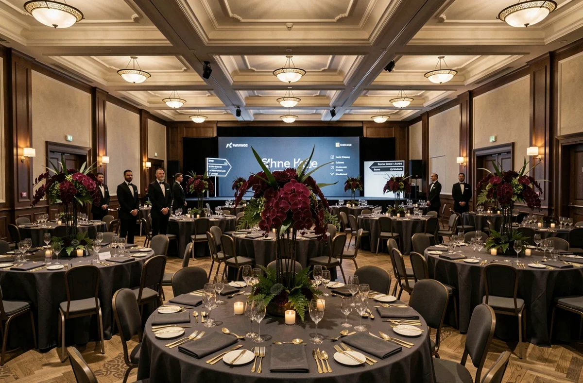 Dîner de gala corporate organisé par Group Ideal dans une grande salle de réception à Toulouse