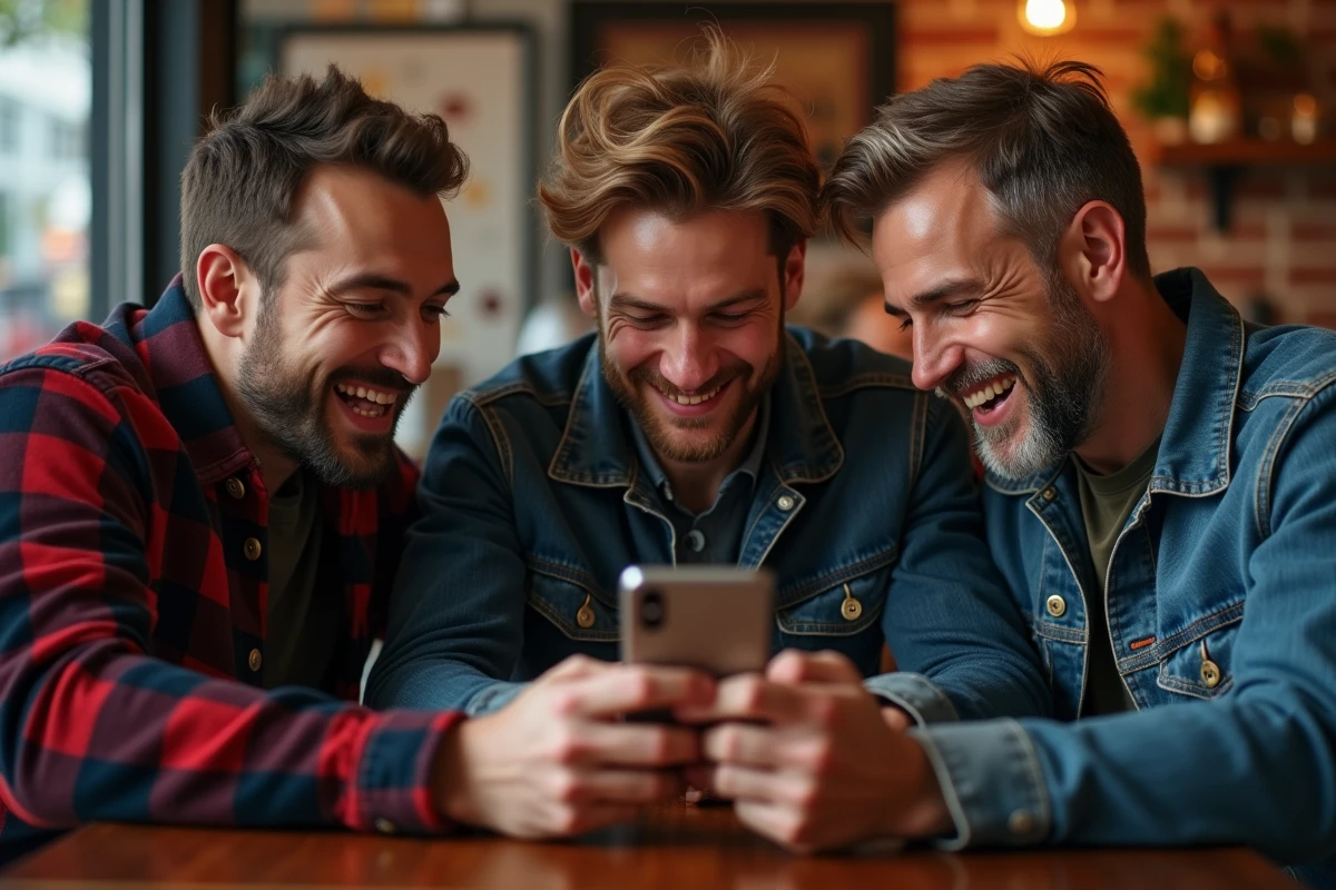 Groupe d'amis qui réagissent à un gif animé drôle pour souhaiter un joyeux anniversaire à un homme