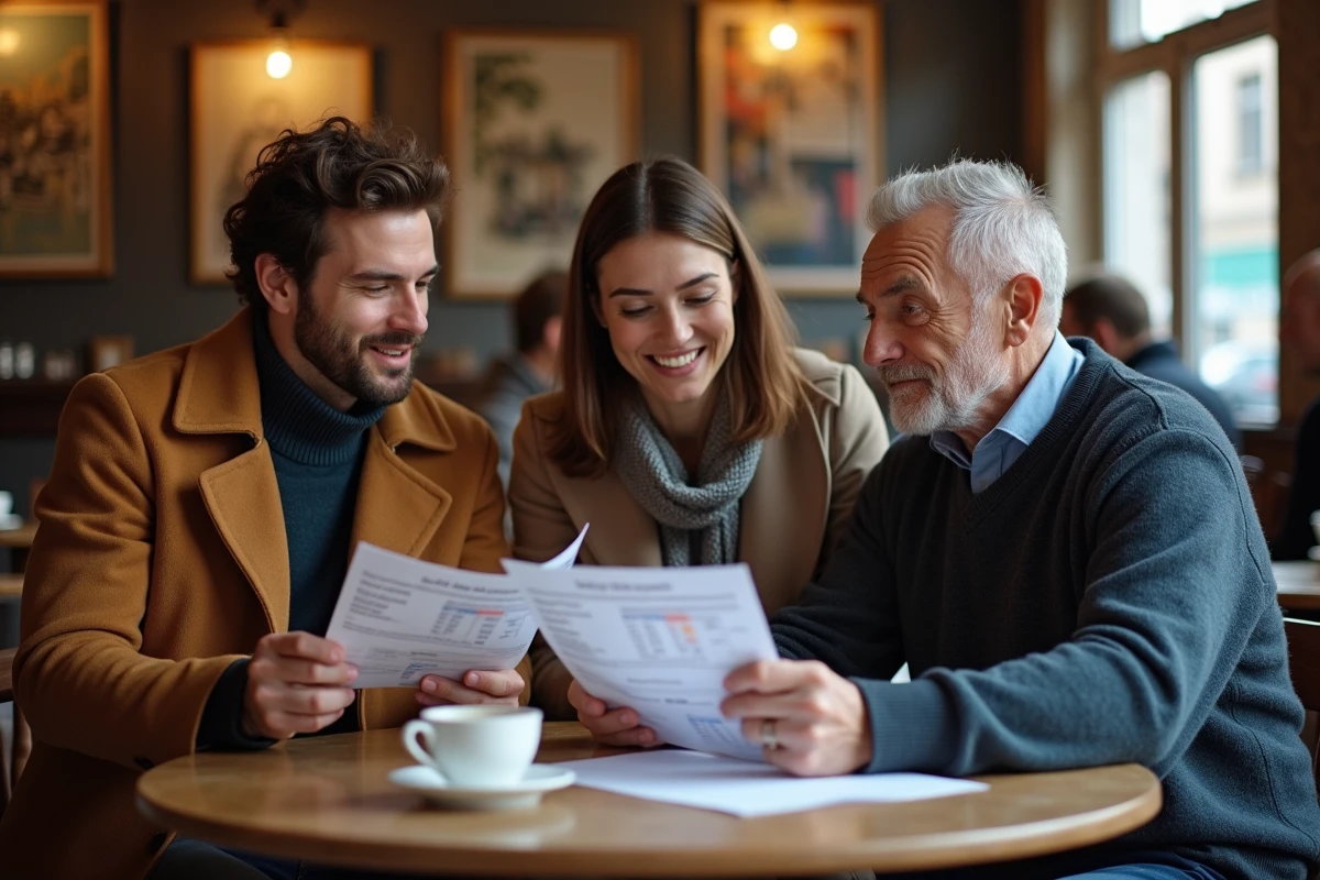 Groupe de citoyens français discutant d'un quiz d'alignement politique autour d'une table de café