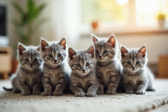 Groupe de chatons gris dans un salon ensoleille