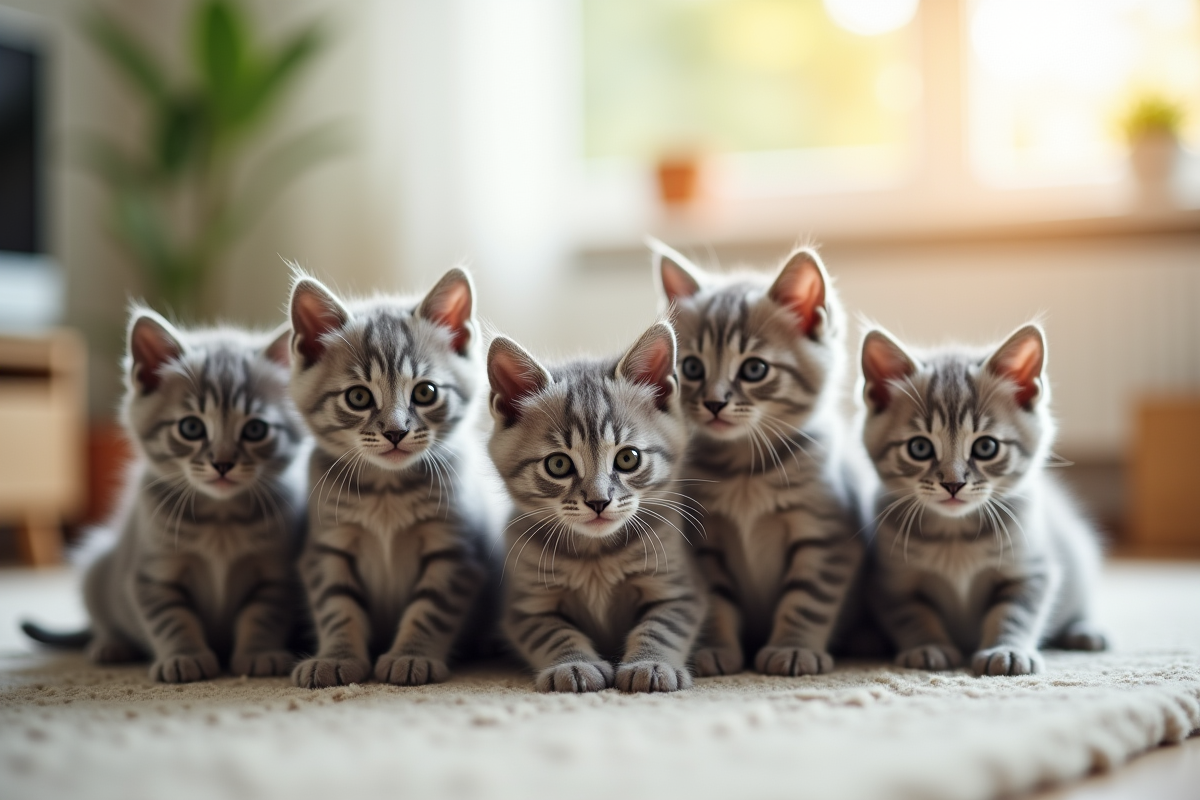 Groupe de chatons gris dans un salon ensoleille
