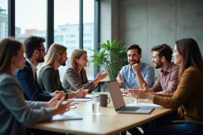 Groupe de professionnels en réunion dans un bureau moderne
