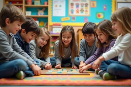 Enfants d'école primaire jouant à un jeu de société