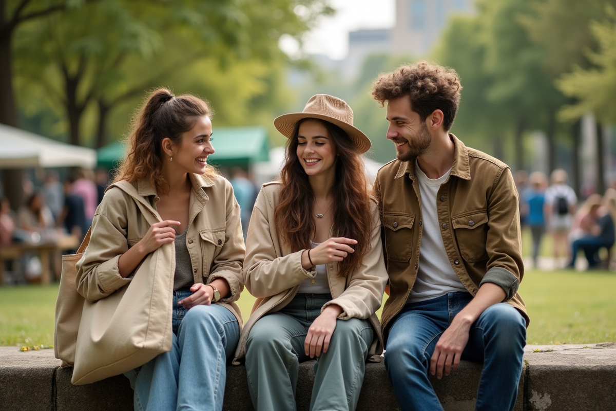 Groupe de jeunes en vêtements vintage dans un parc urbain