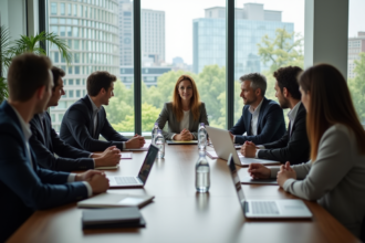 Groupe de professionnels en réunion dans un bureau moderne