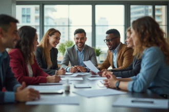 Groupe de professionnels souriants dans un bureau moderne