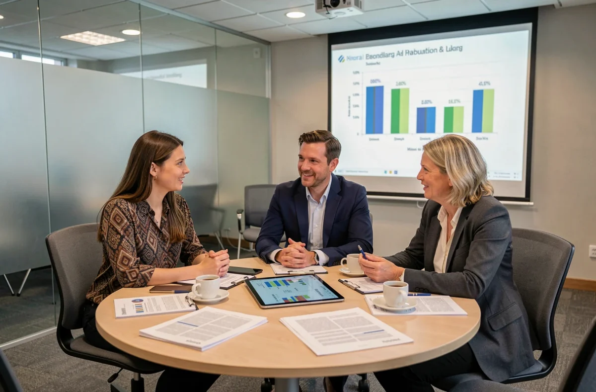 Trois professionnels discutent de rapports économiques et de statistiques salariales autour d'une table de réunion, illustrant la formation et l'économie du Flash back FA