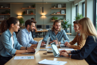 Groupe divers de professionnels en réunion de travail